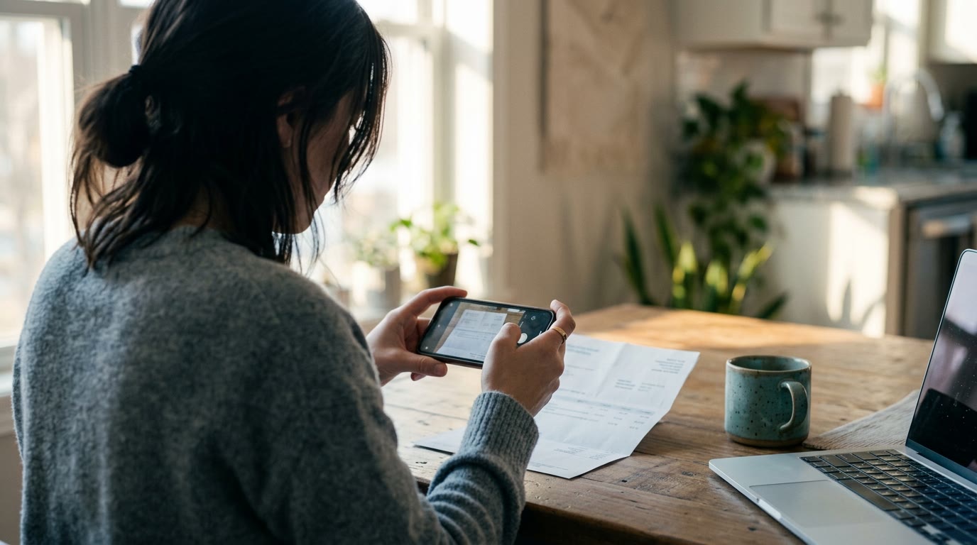 Someone photographing a medical bill at their kitchen table