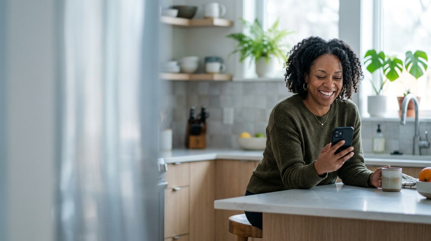 An employee checking her benefits on her phone at home